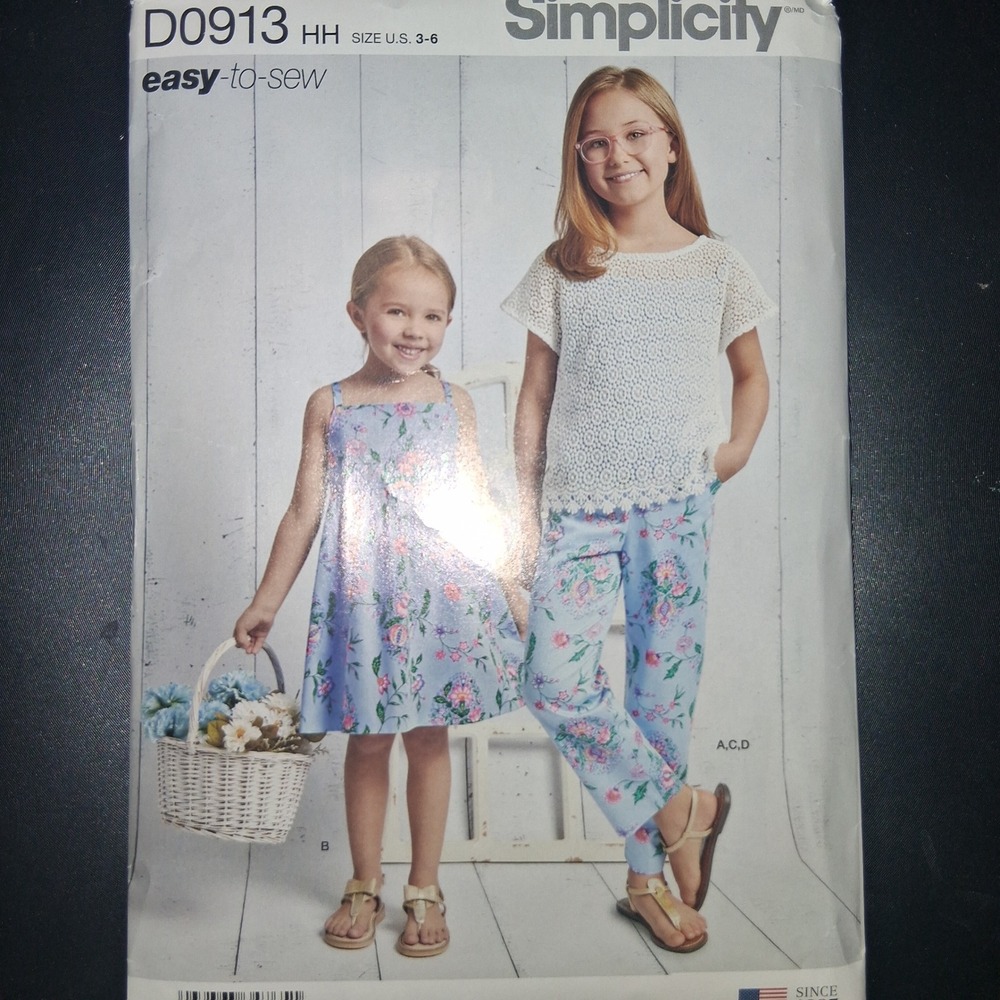 Simplicity Easy To Sew Girls Dress Top‎ Pants Sewing Pattern D0913 Size US 3-6